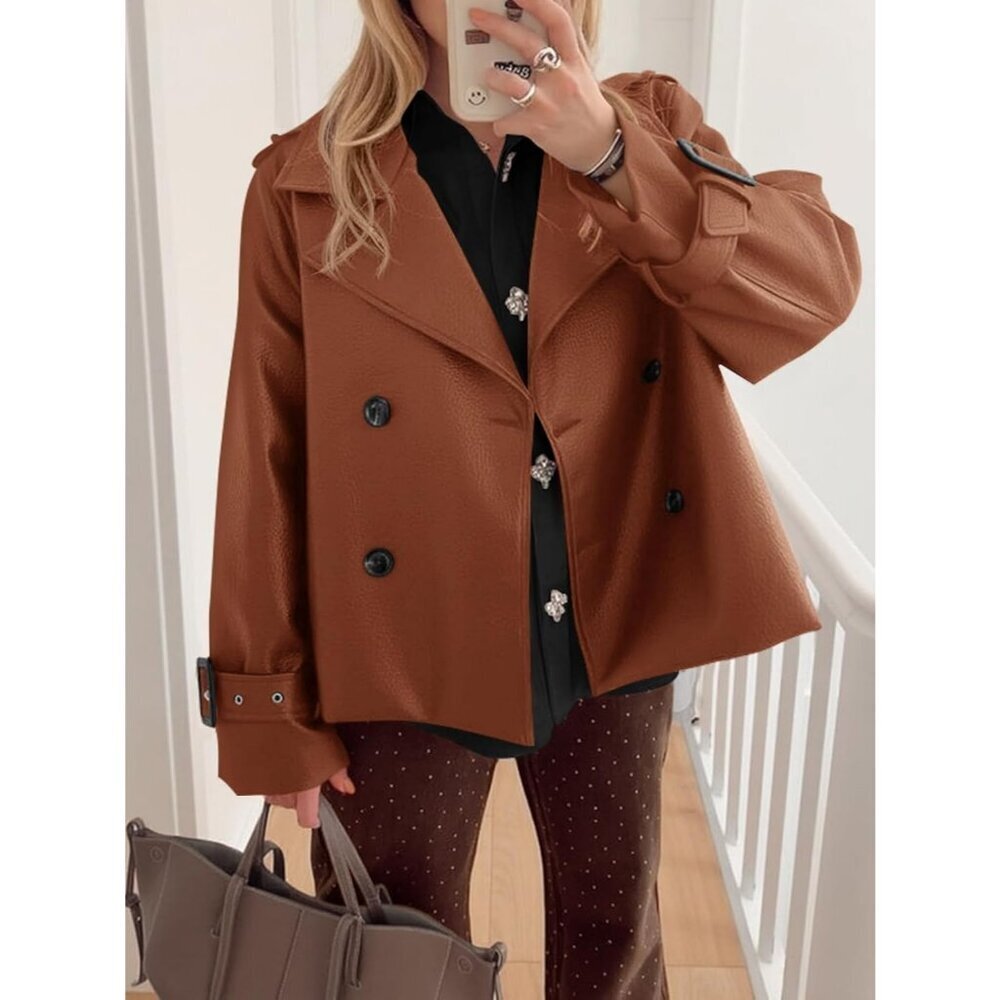 "Womens brick red Textured Faux Leather Oversized  Jacket Fall Outer - Picture 5 of 6